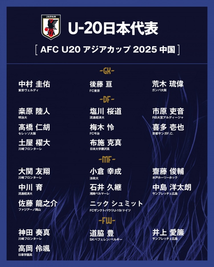 U20亚洲杯日本队大名单：高冈伶飒、高桥仁胡领衔，2人效力欧洲