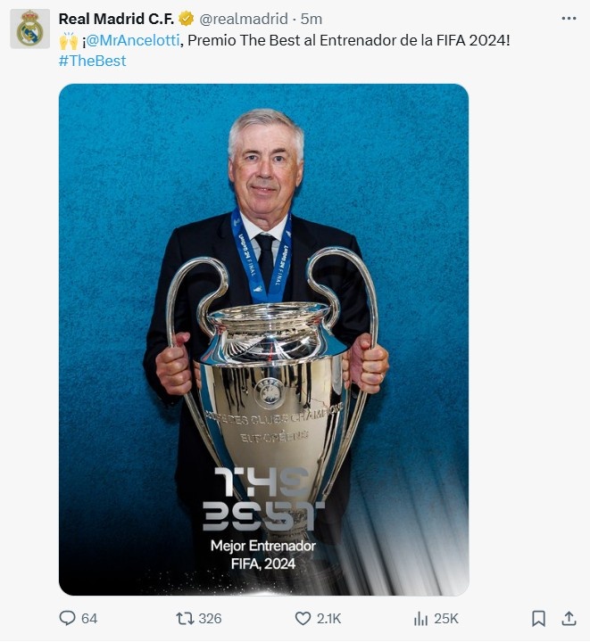 皇马官方：恭喜安切洛蒂获得2024年FIFA最佳教练奖！